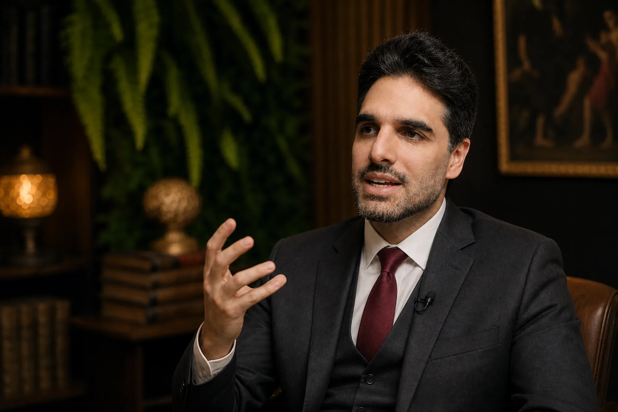 Dr. Bruno Salles em seu estúdio de madeira escura, falando com as mãos, em luz quente
