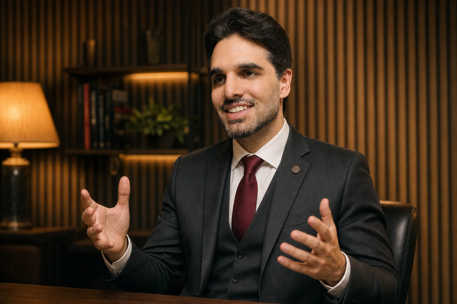 Dr. Bruno Salles gesticulando enquanto explica, em seu estúdio de madeira com luz quente