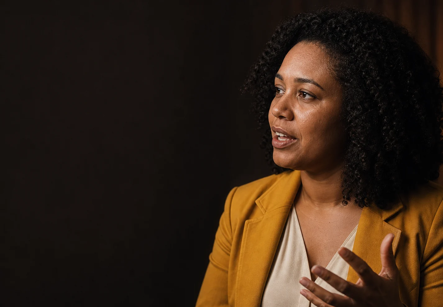 Mulher de blazer mostarda gesticulando enquanto explica, em estúdio escuro