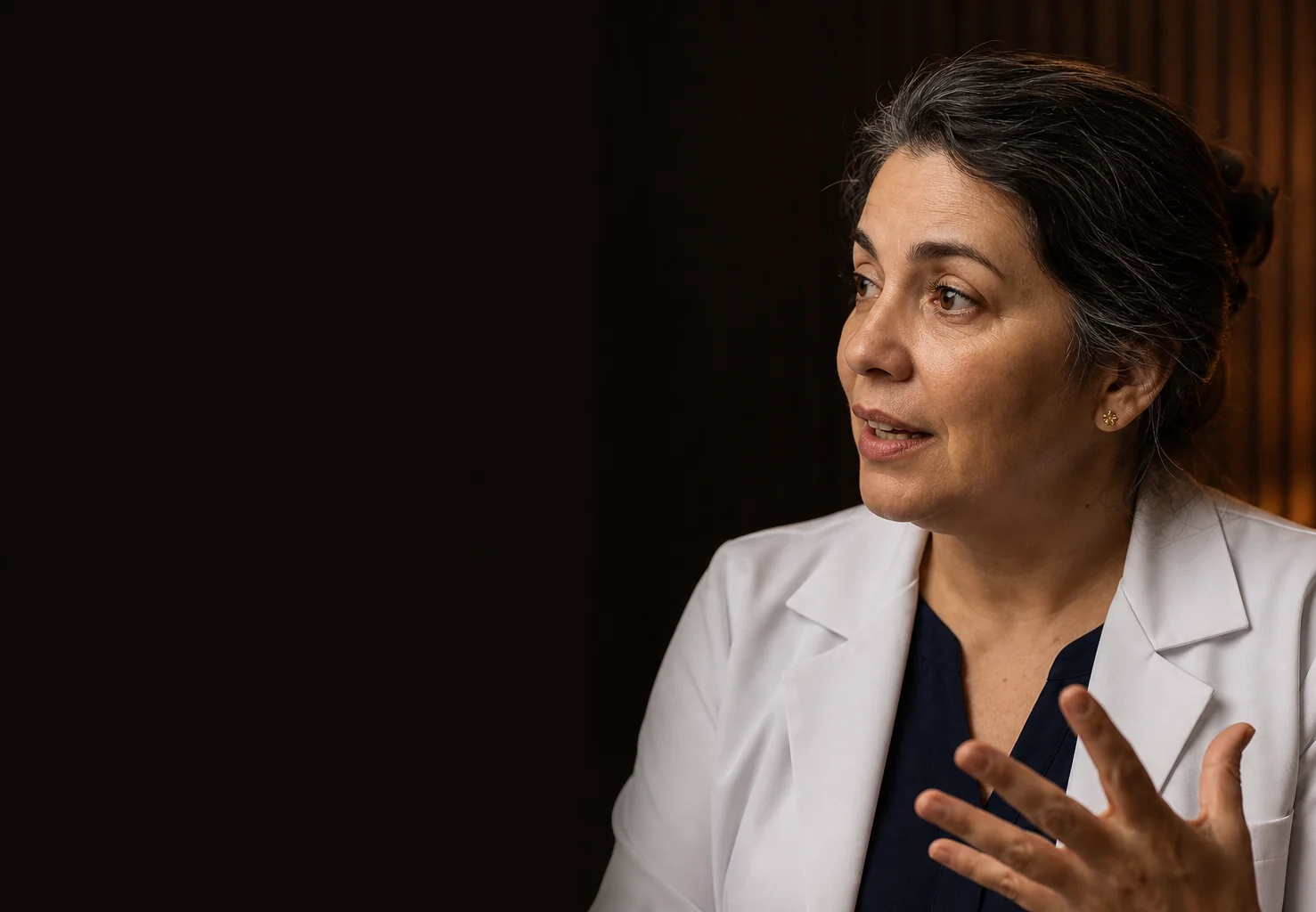 Médica de jaleco branco explicando com as mãos, em estúdio escuro com luz quente