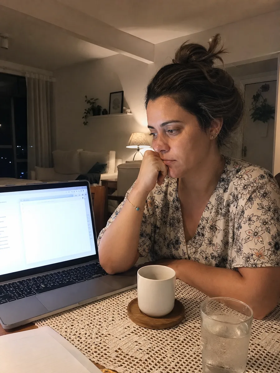 Mulher à noite diante do notebook com um e-mail em branco