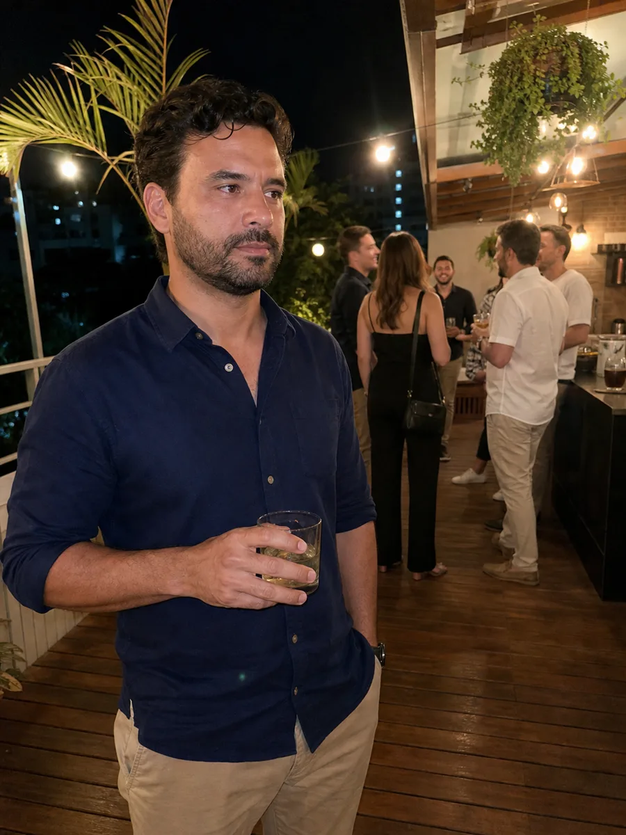 Homem à parte de uma roda de amigos que conversa ao fundo