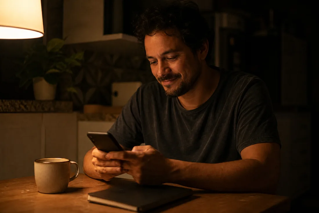 Adulto escrevendo no celular à noite, na mesa da cozinha